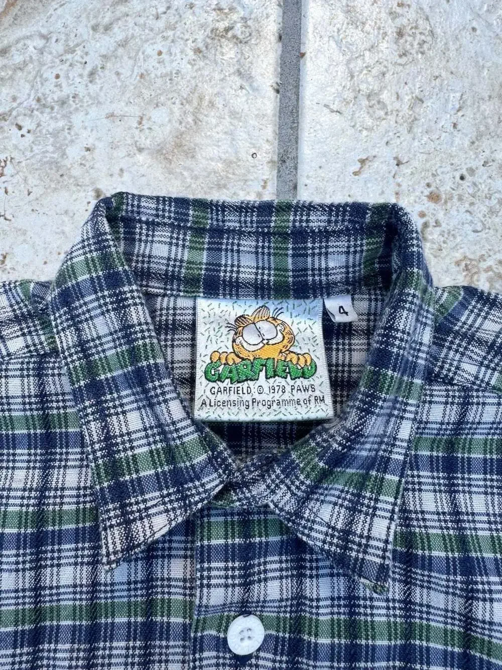 Vintage 1978 Garfield Plaid Button Up Shirt Size 4 Blue Green Long Sleeve